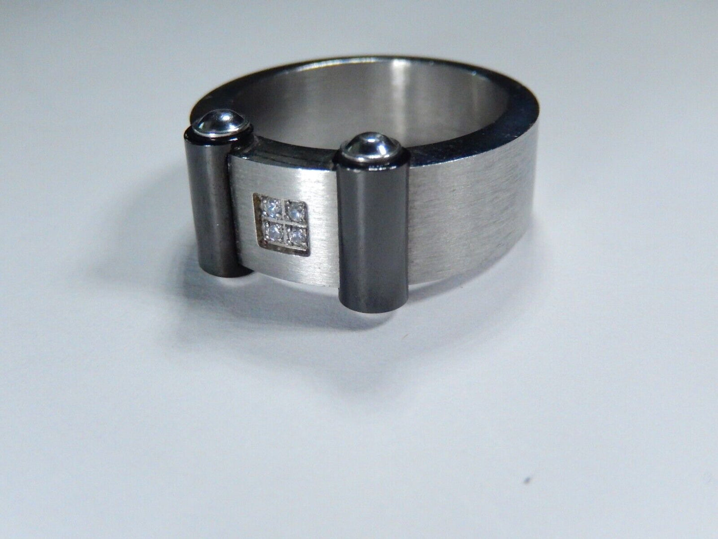 NICE THICK Brushed Stainless Steel 9mm Black IP Plated CZ Band Size 9.75