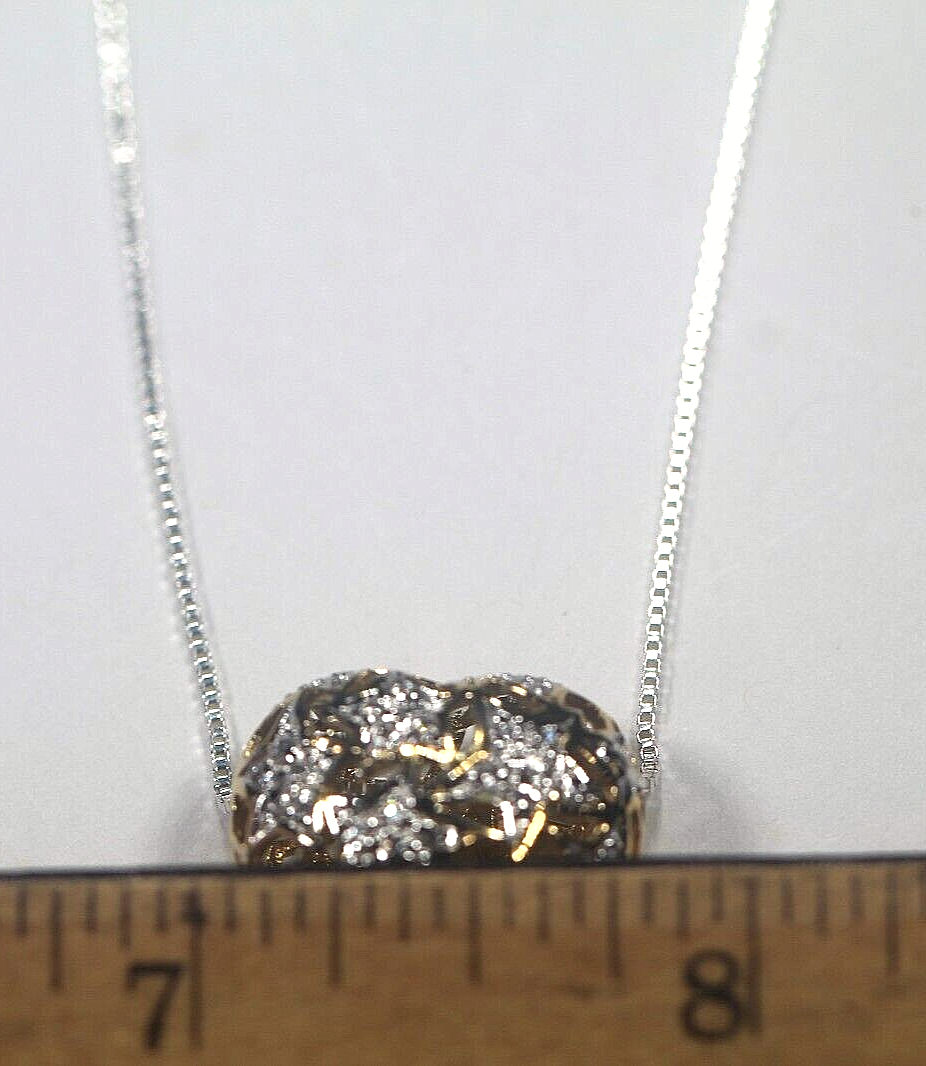 925 Silver Vermeil Puffy Heart Diamond Accent Pendant w/20" Box Chain