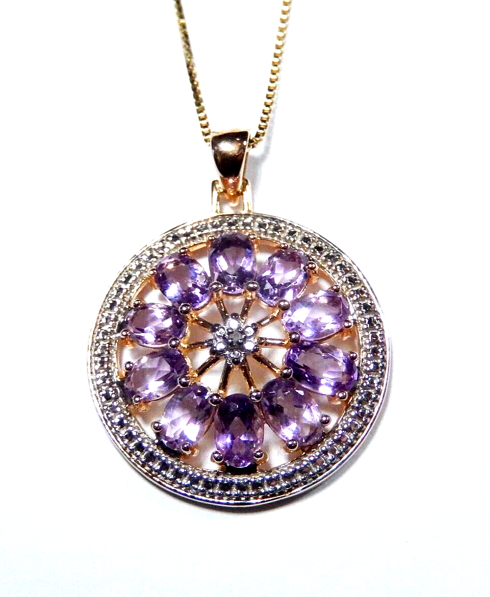 VINTAGE ROSS SIMONS Circle AMETHYST PENDANT Gold Vermeil  w18 Gold Chain