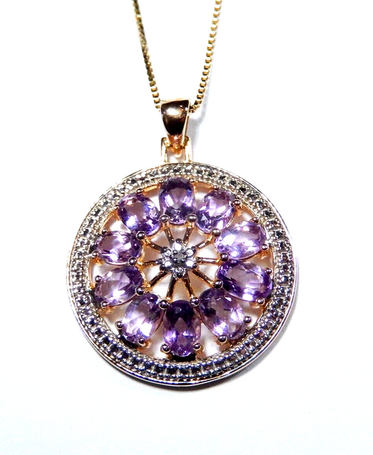 VINTAGE ROSS SIMONS Circle AMETHYST PENDANT Gold Vermeil  w18 Gold Chain