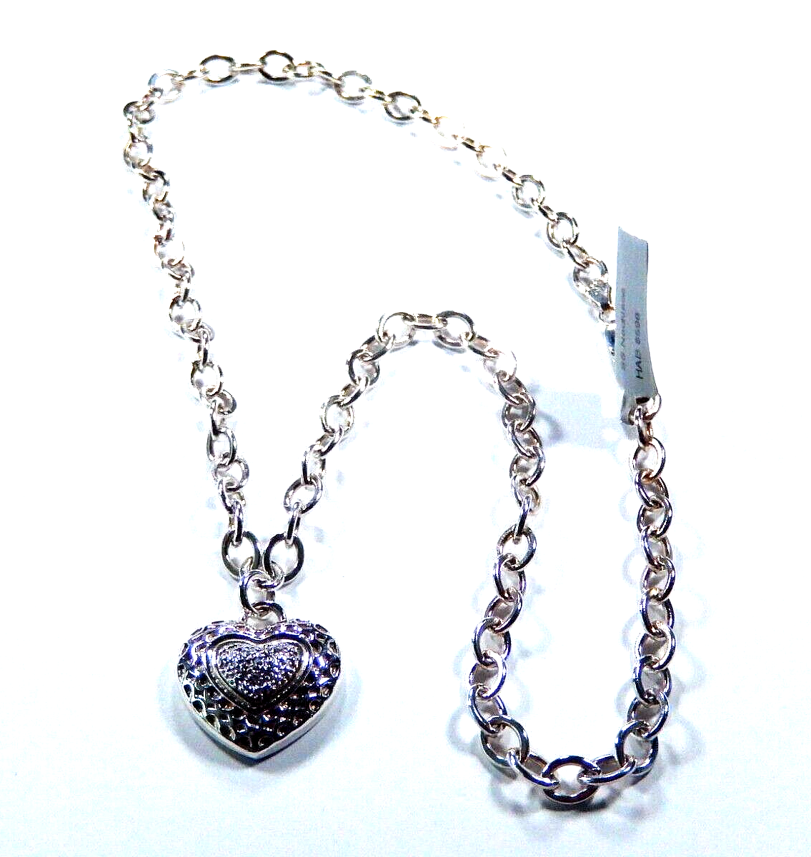 Sterling Silver Signed V 925 Diamond Cluster Heart Pendant w/Heavy Rolo Chain