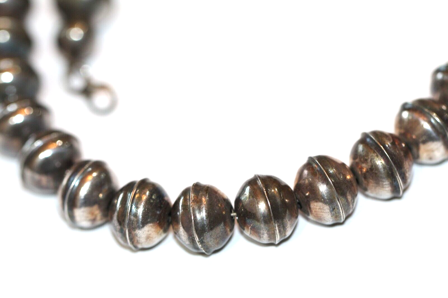 22"- 11mm NAVAJO Pearl BENCH BEAD NECKLACE Darker Vintage Old Oxidized STERLING