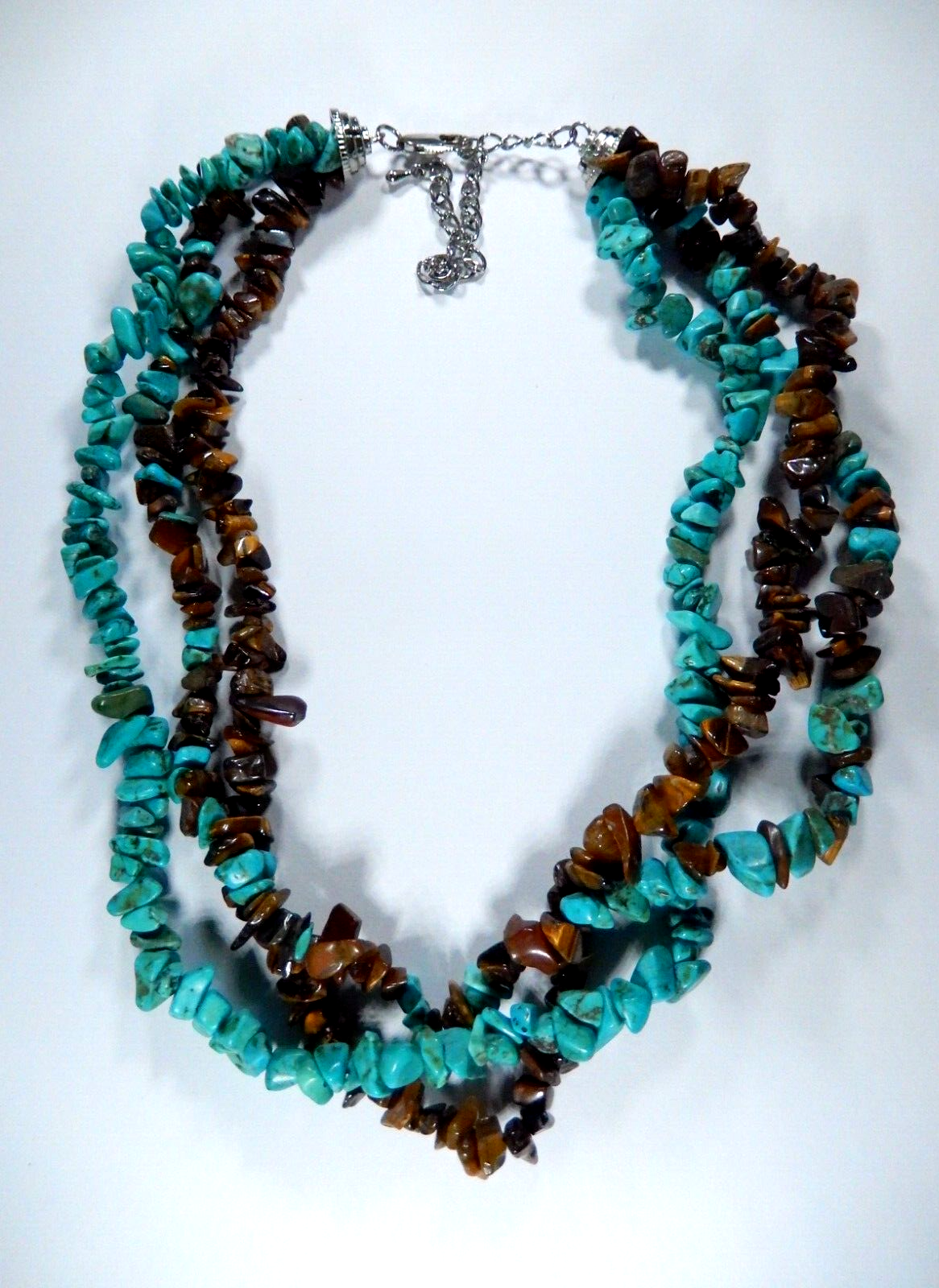 *VINTAGE* Three Strand Genuine Turquoise And Tiger Eye Nuggets Beads 18"Necklace