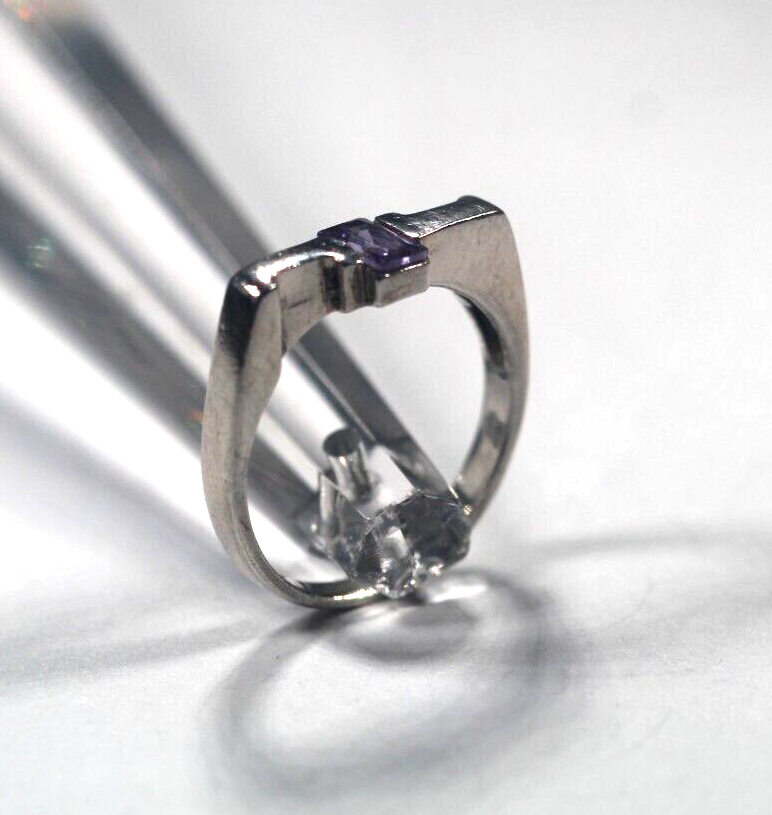 925 Sterling Silver Vintage Real Emerald-Cut Amethyst Size 6