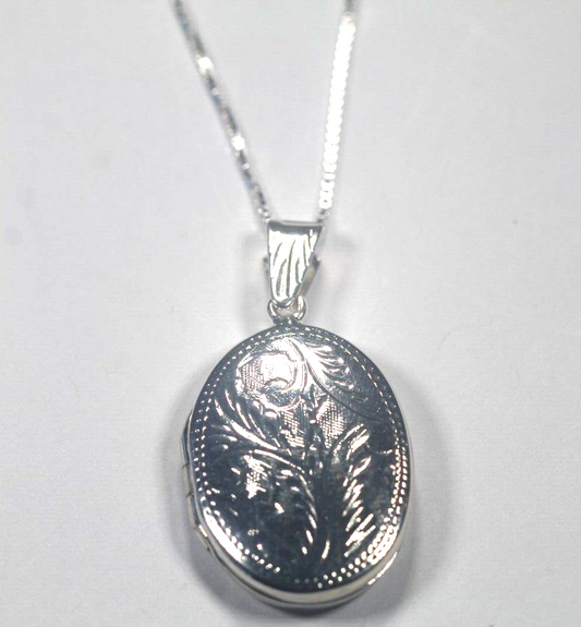 Sterling Silver Oval Floral Etched Design Locket Pendant w/20" Box Chain