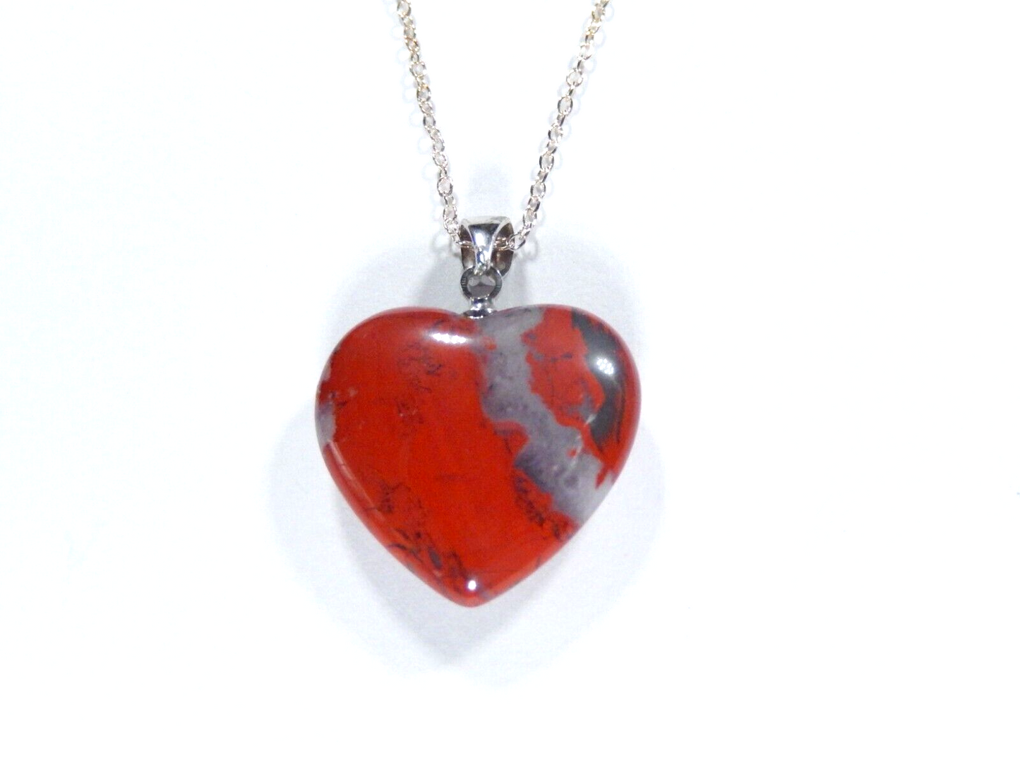Sterling Silver Natural Red Jasper Heart Shape Gemstone Pendant With 18" Chain