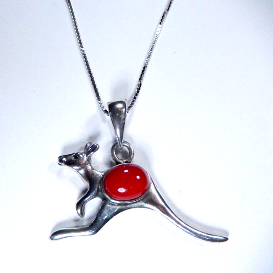 VINTAGE- Mexico Sterling Silver Taxco  Kangaroo Red Coral Pendant w/18" Chain