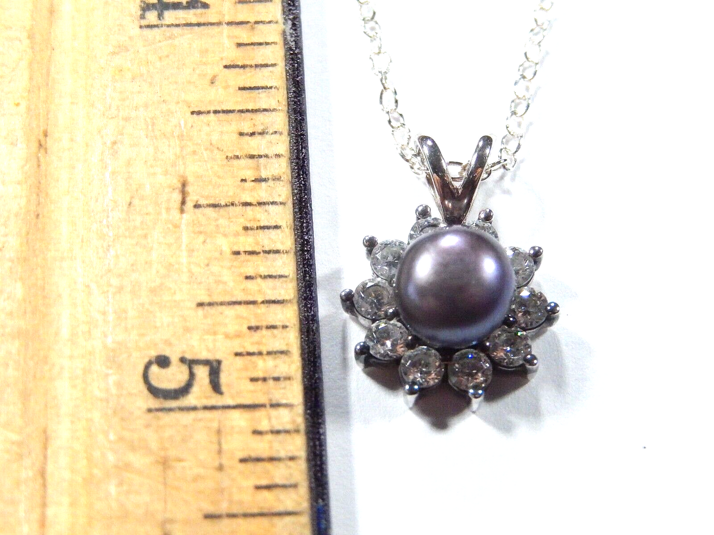 6.75 mm Round Natural Real Tahitian Pearl CZ Halo Pendant & 18" Sterling Chain