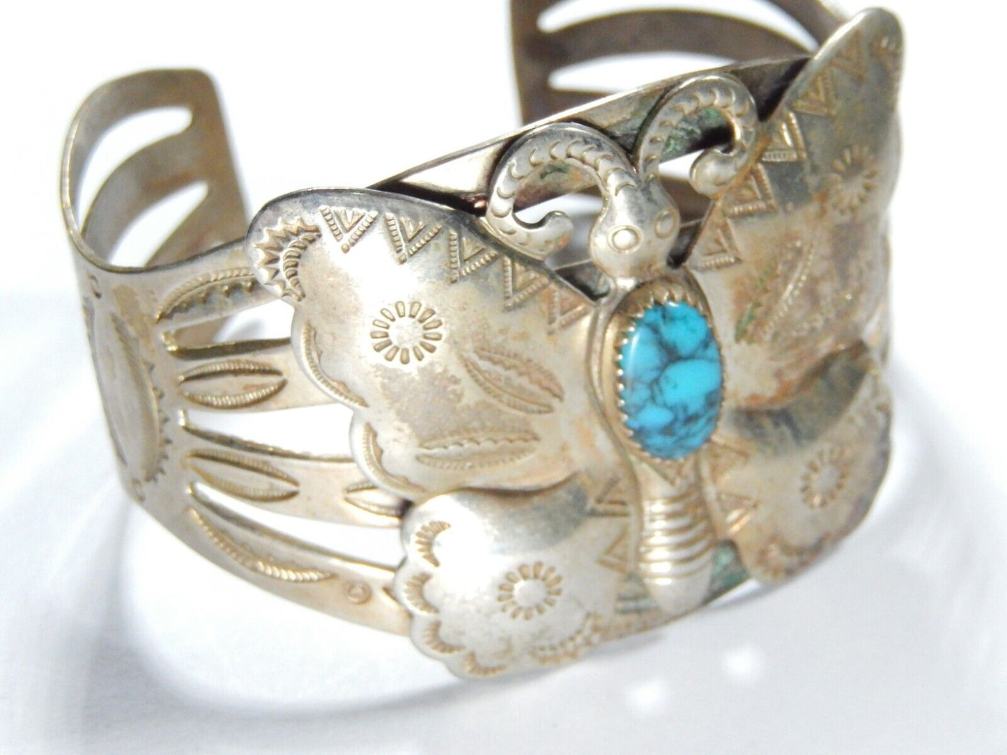 VINTAGE Bell Trading Post Nickel Silver Turquoise Butterfly 6 3/4" Cuff Bracelet