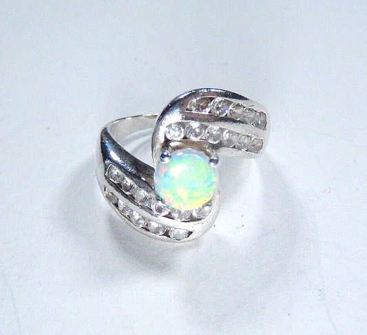 *VINTAGE* Sterling Silver 925 Opal And CZ Bypass Ring Size 7.5