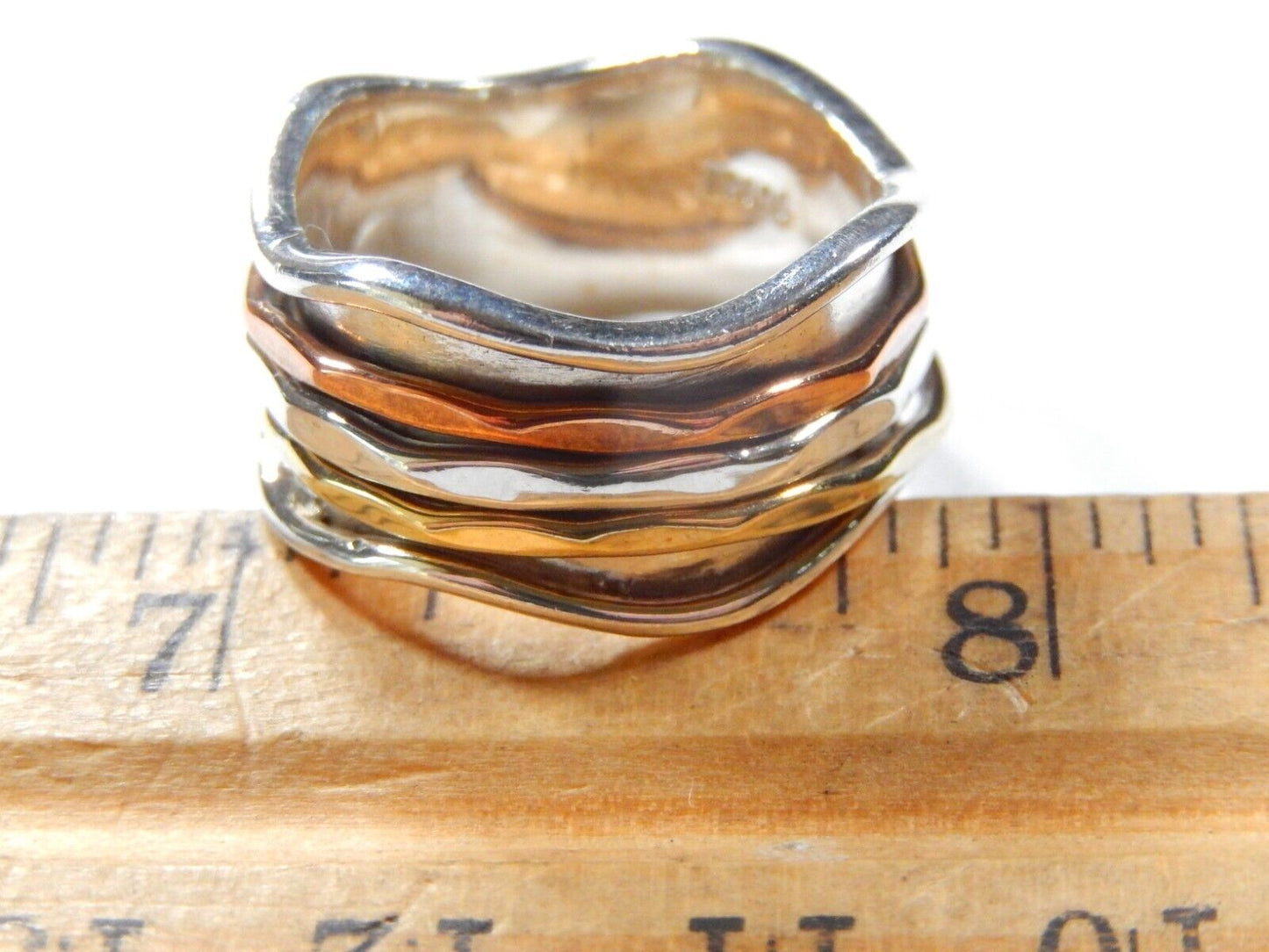 Sterling Silver Spinner Ring w/ Brass Copper & Sterling Silver Bands Sz 7.5