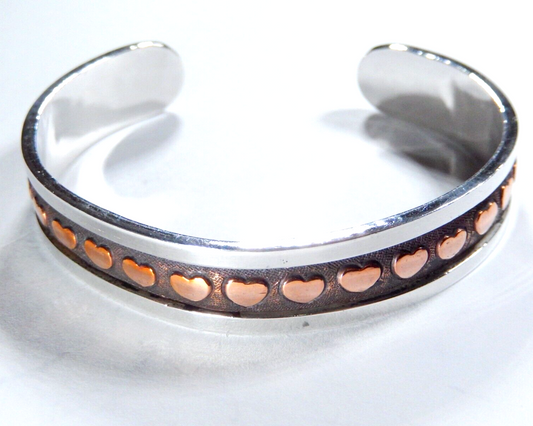 *VINTAGE* Sterling Silver & Copper Hearts 1/2” Wide Cuff Bracelet