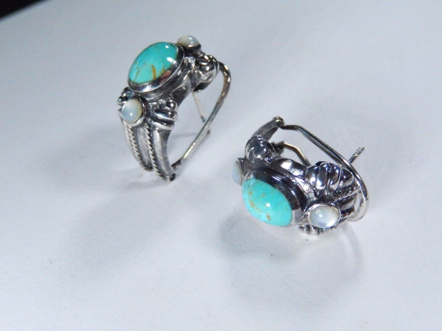 Southwestern Sterling 925 Silver Turquoise & Mother of Pearl Lever Back Earrings