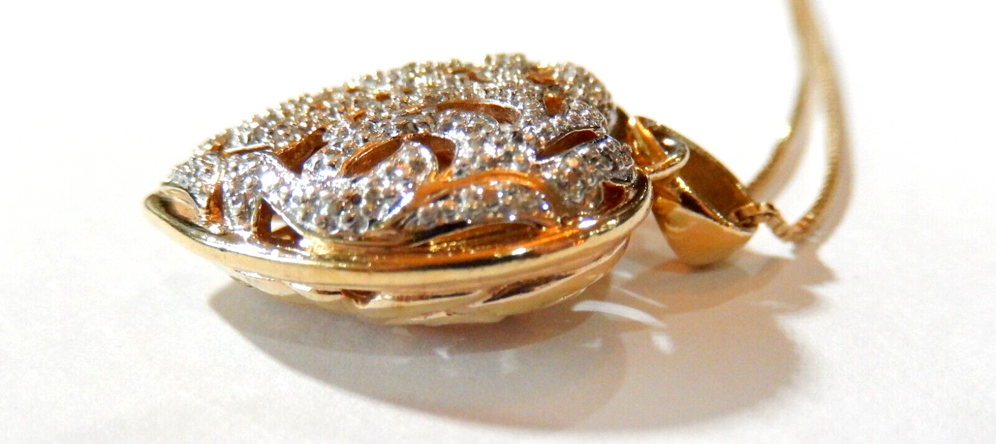 VINTAGE Gold Vermeil 925 Filigree Puffed Heart Diamond Pendant w18 Chain