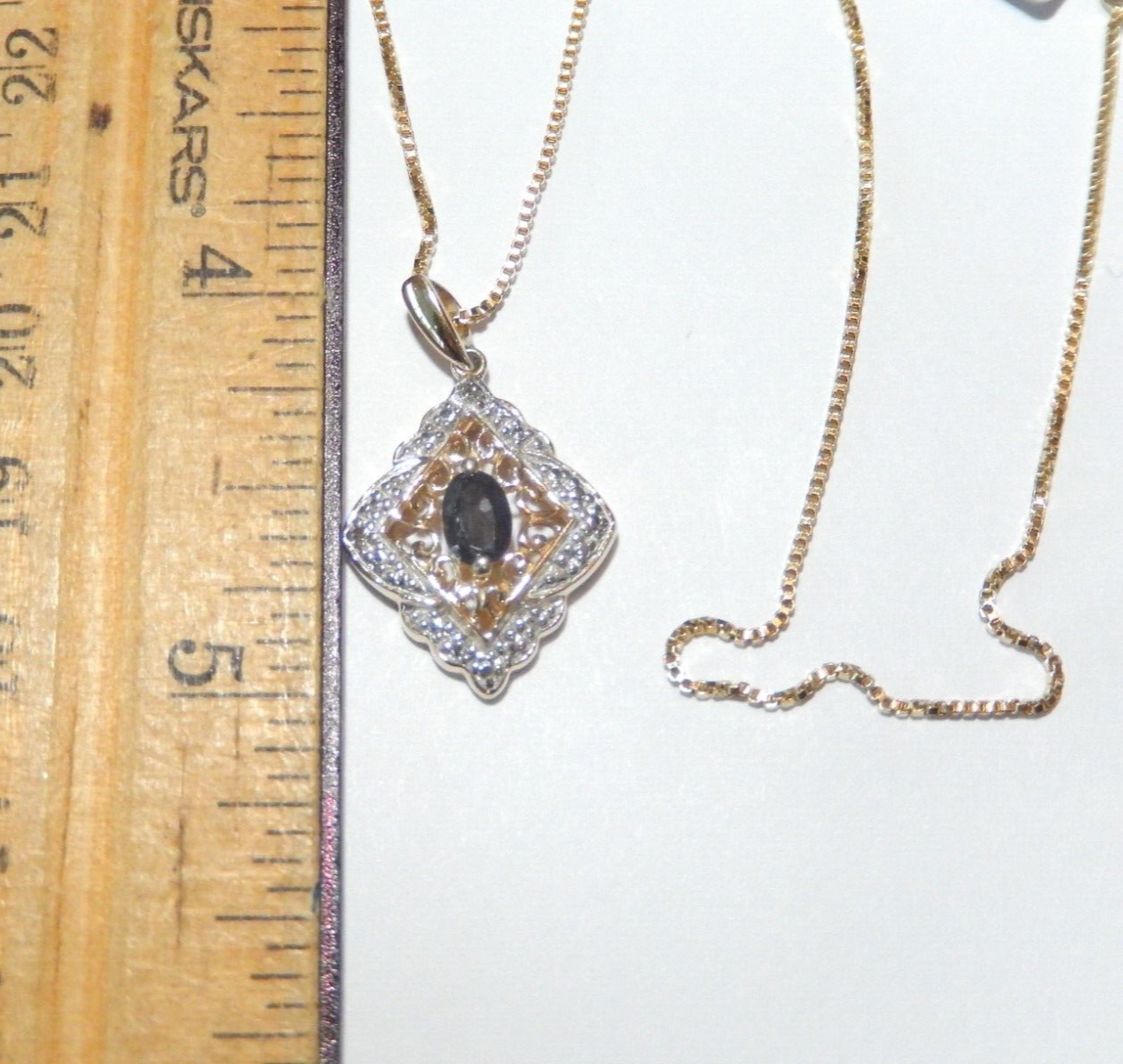 VINTAGE  Gold Vermeil 925 Blue Sapphire  Diamond Pendant w 18 Vermeil Chain