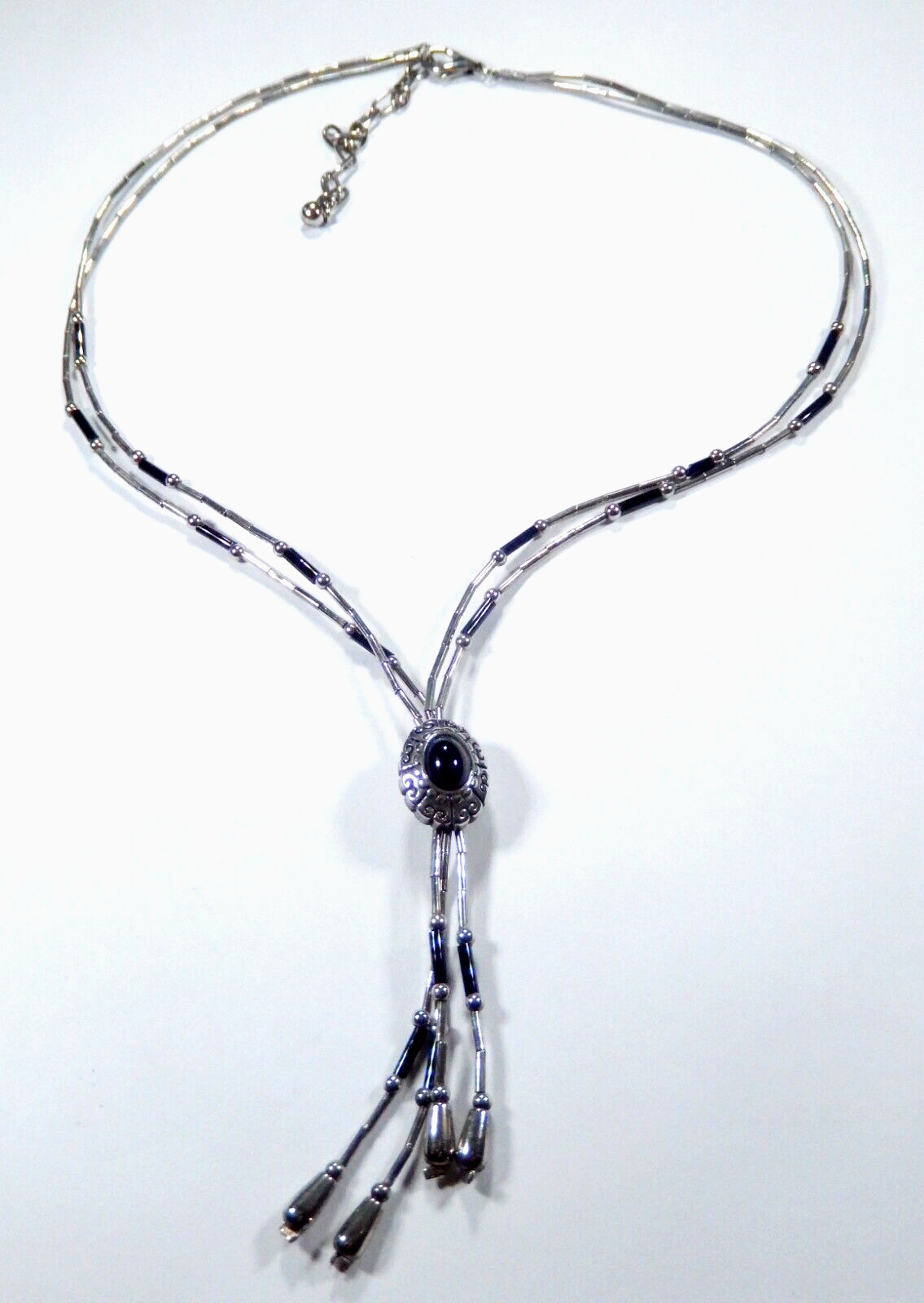 Vintage  Liquid Silver Tone & Black Stone Multi Strand Southwest 18" Necklace