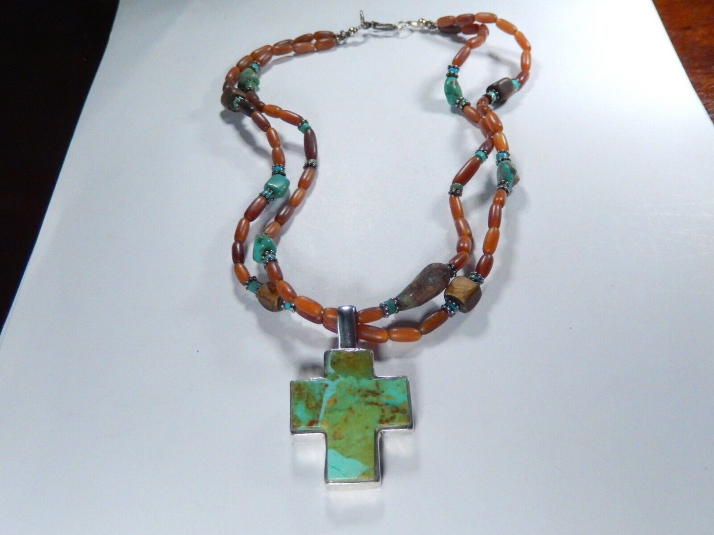 VINTAGE* Southwest Sterling Silver Turquoise Cross Pendant & Beaded 17"Necklace