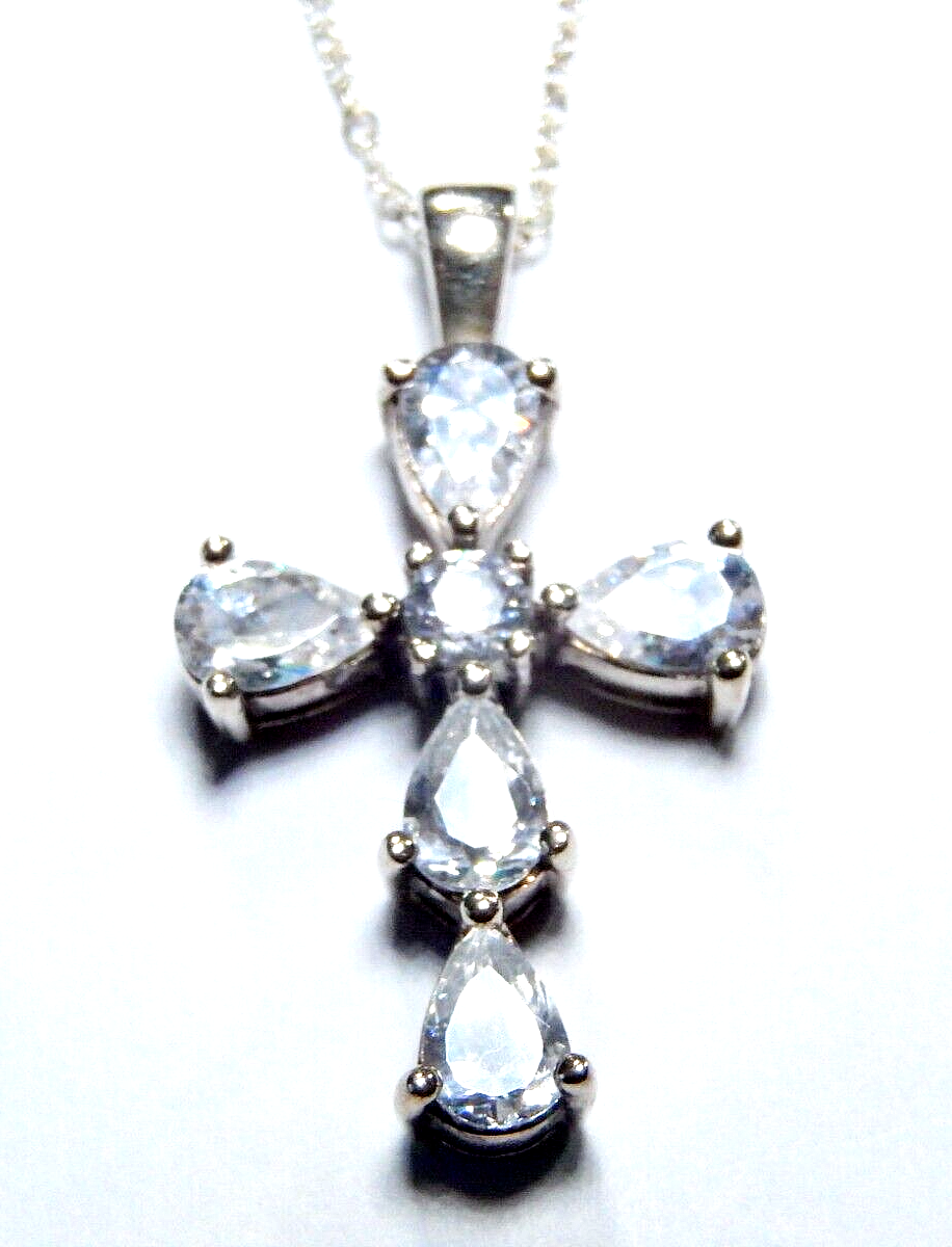 CZ Cross Pendant Sterling Silver Pear Shaped Cubic Zirconia Stones w/18" Chain
