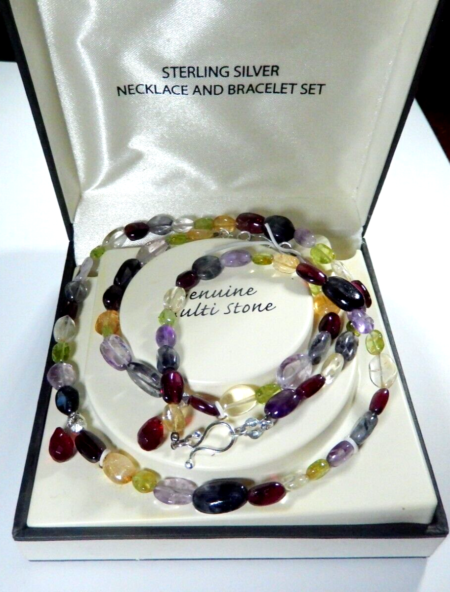 Genuine Multi Stone Sterling Silver Necklace & Bracelet Set ~ NEW in Box
