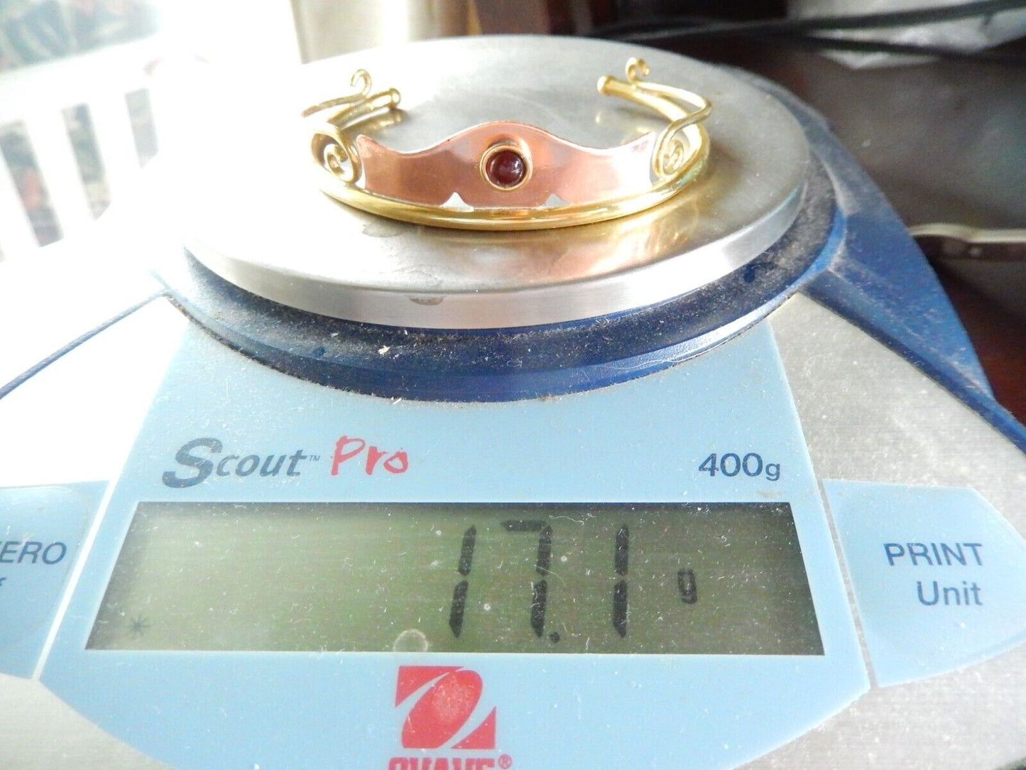 VINTAGE -  Chris Anderson Brass & Copper  Garnet Stone Artisan Cuff Bracelet