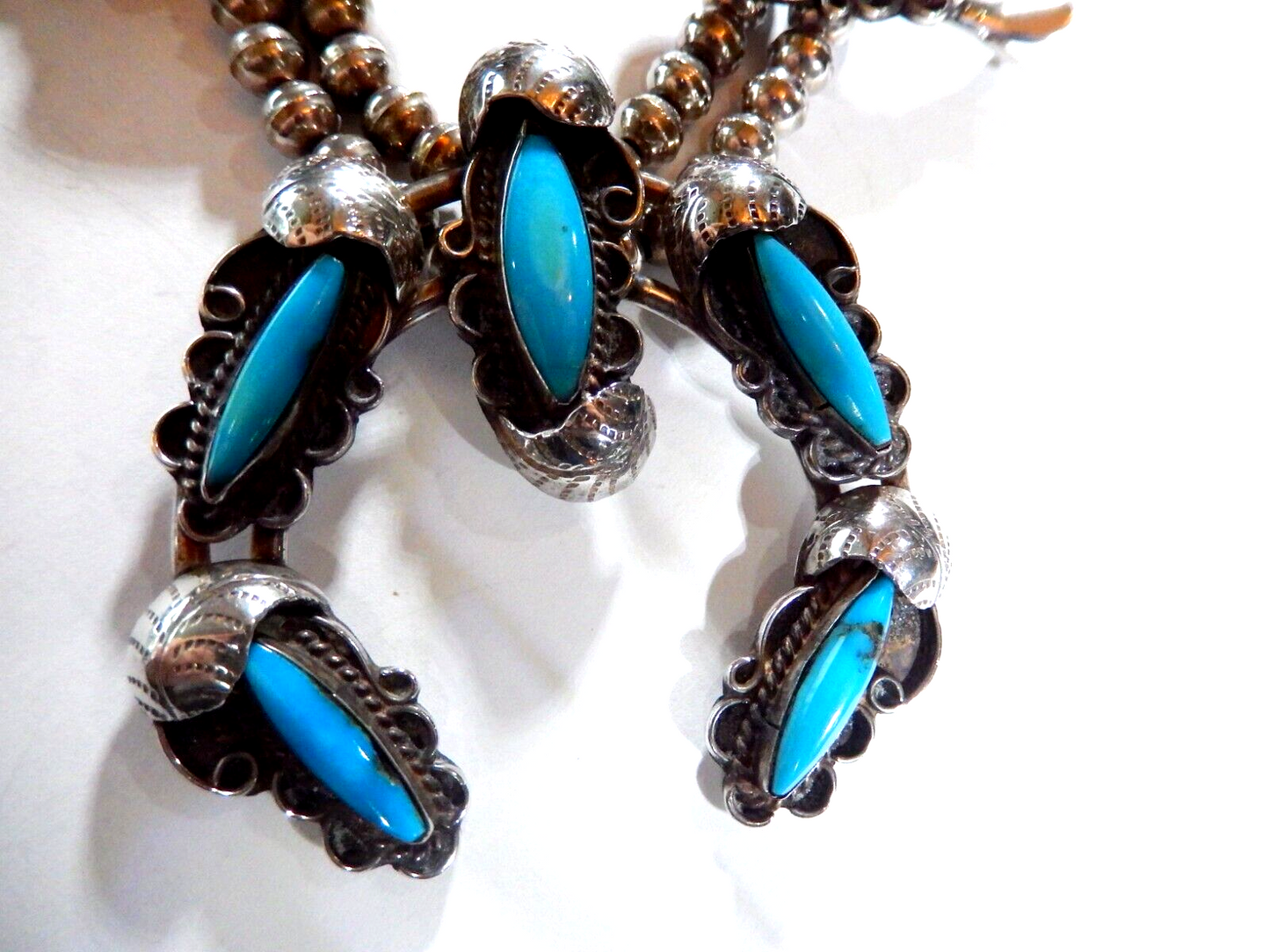 VINTAGE  Native American Turquoise Squash Blossom Necklace Sterling Silver 18
