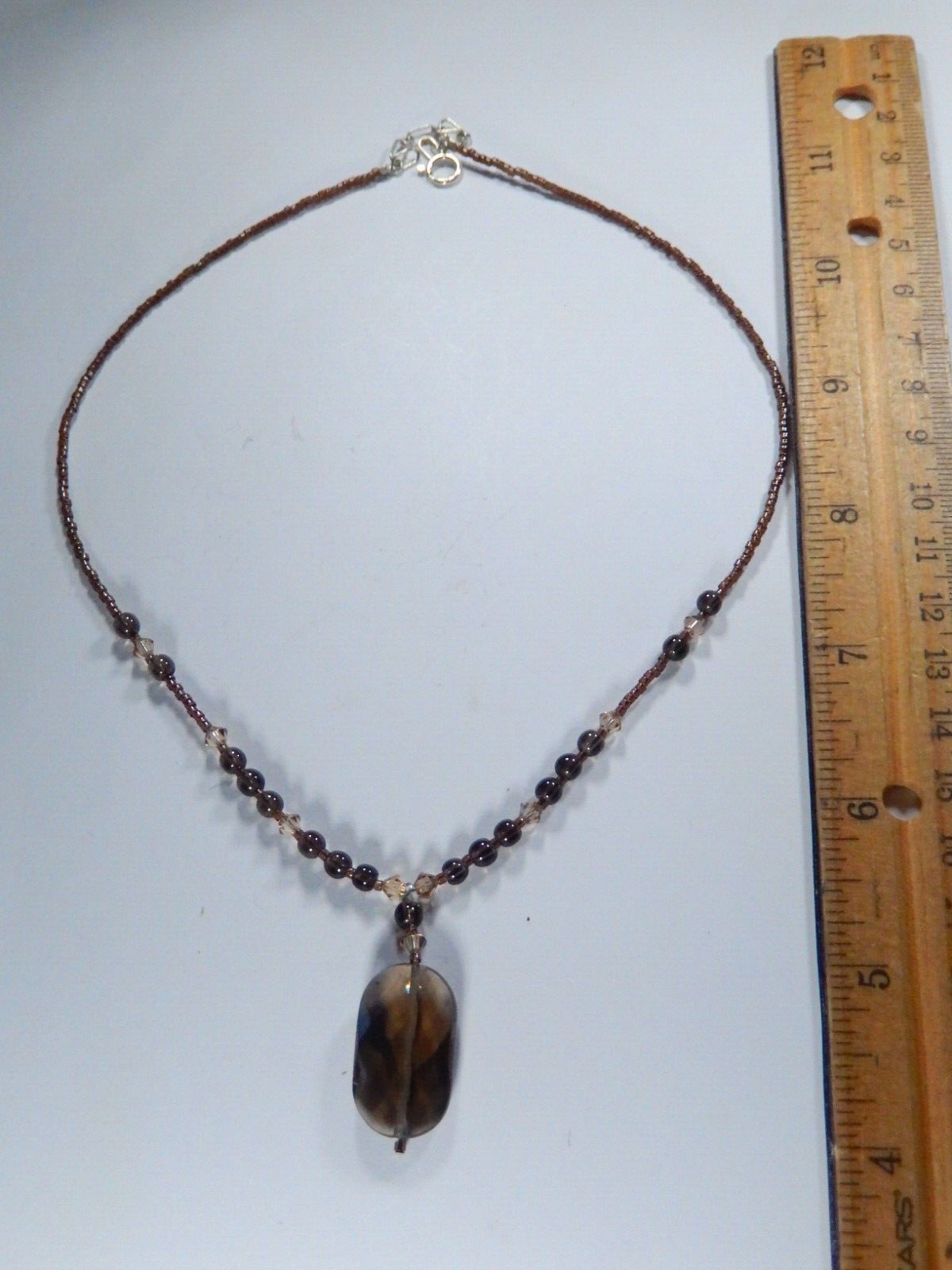 Sterling Silver Clasp Smoky Quartz Pendant with Beads Necklace 15" -17" Length