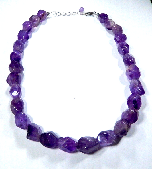 *VINTAGE*  Natural Amethyst Chunky 13 mm Beads 18" Necklace 925 Chain & Clasp