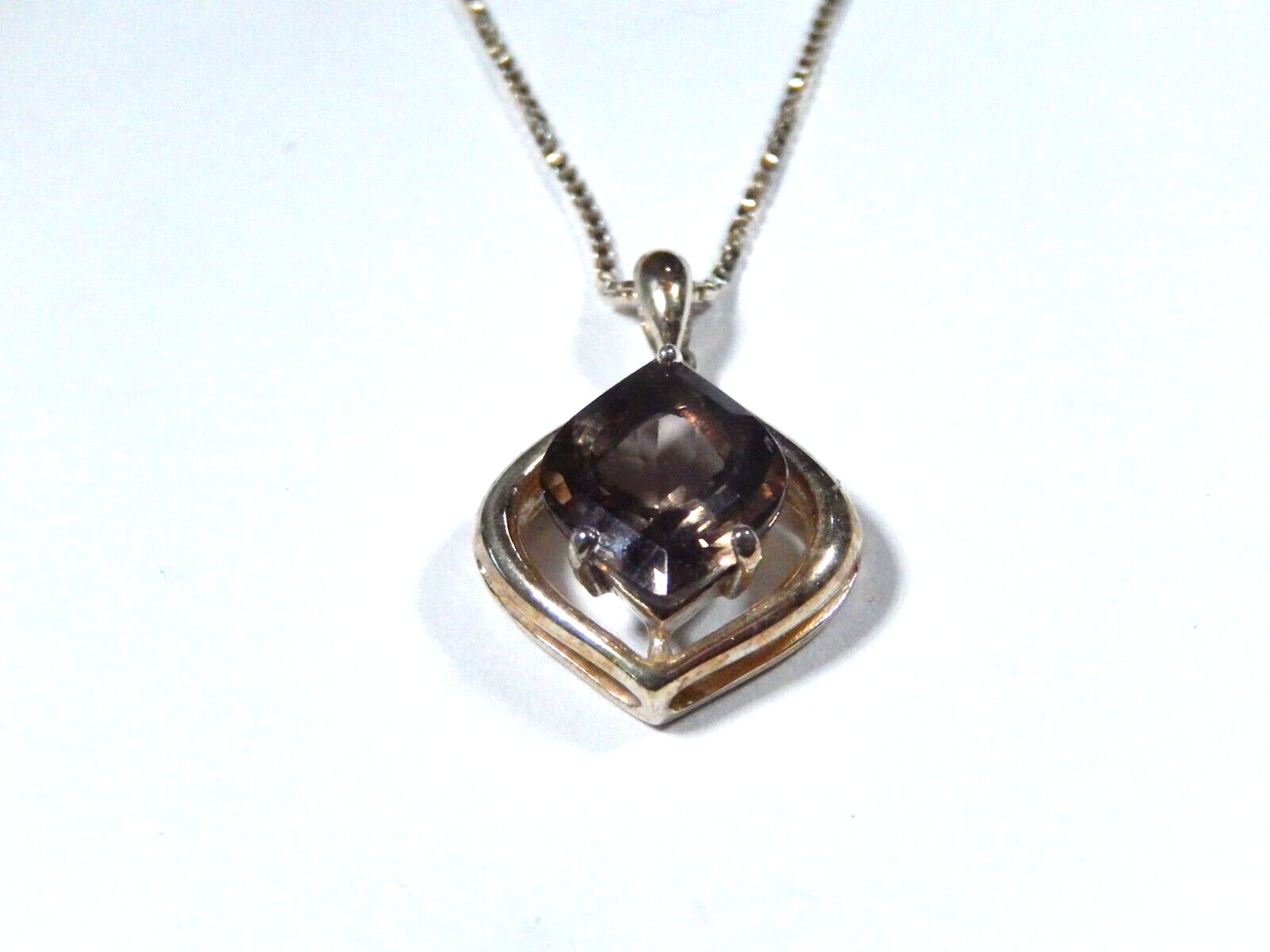 VINTAGE 925 Sterling Silver Real FancyCut Smoky Quartz Pendant w18 chain