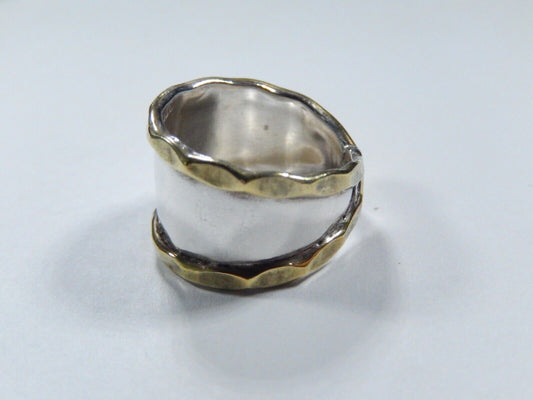 *VINTAGE*  Sterling Silver & Brass Handmade Ring Wide Band Size 5-1/2