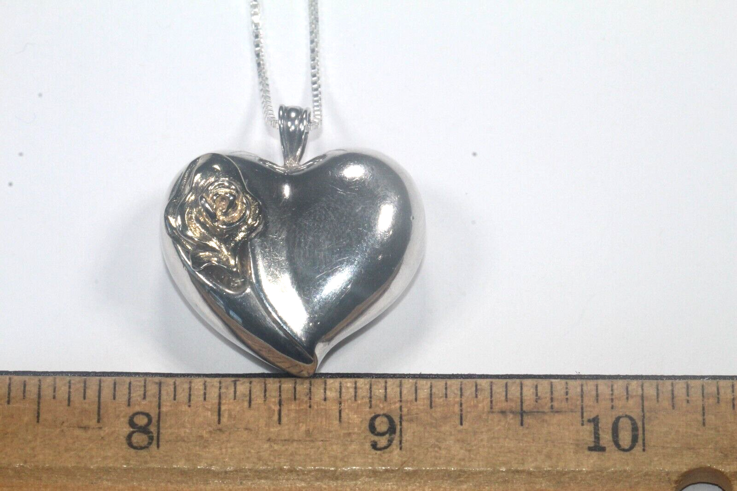 Vintage Gorham Sterling Silver Puffed Heart w/ Gold Vermeil Rose 20" Necklace