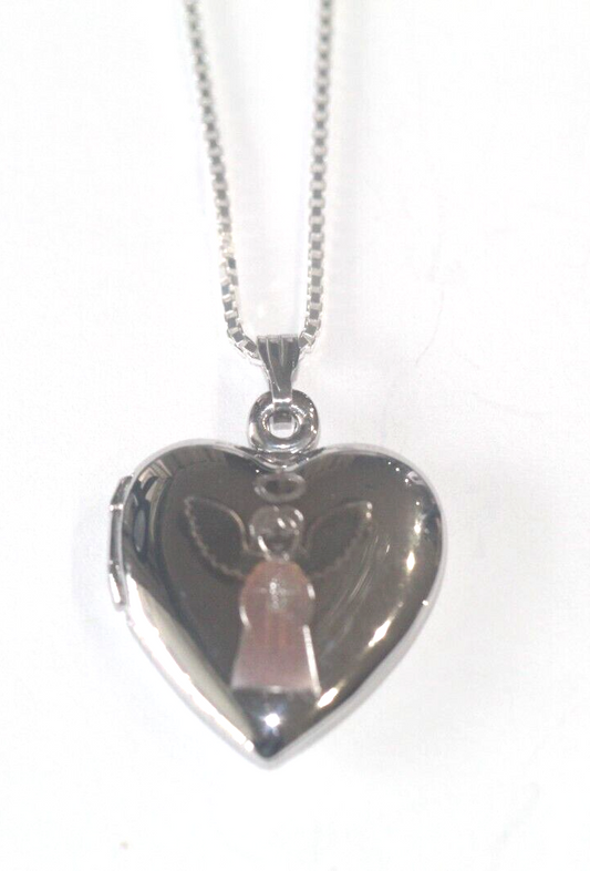 Sterling Silver Praying Angel Heart Locket Pendant w/18" Chain