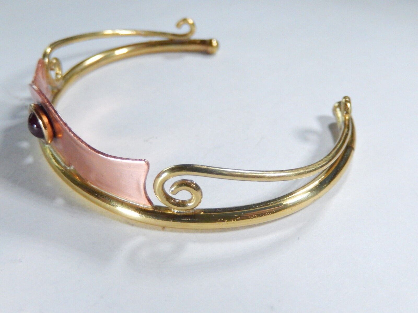 VINTAGE -  Chris Anderson Brass & Copper  Garnet Stone Artisan Cuff Bracelet