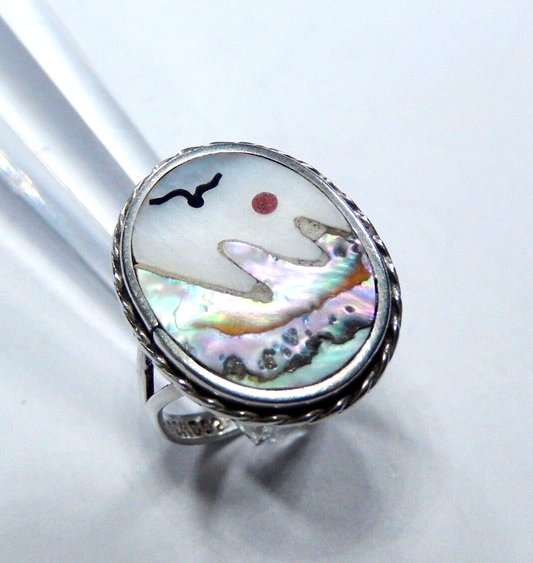 *VINTAGE*  Mexico 925 Sterling Silver Natural Abalone Outdoor Scene Ring Sz 5.5