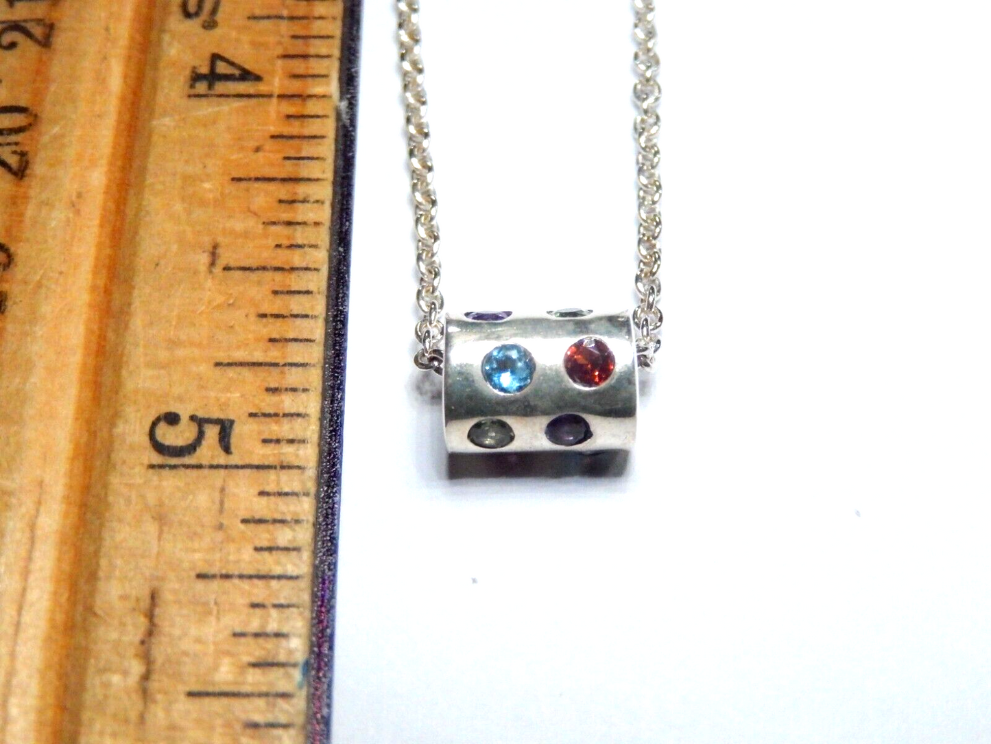 *VINTAGE*  Sterling Silver Rainbow Multi Gemstone Barrel Pendant w/16" Chain