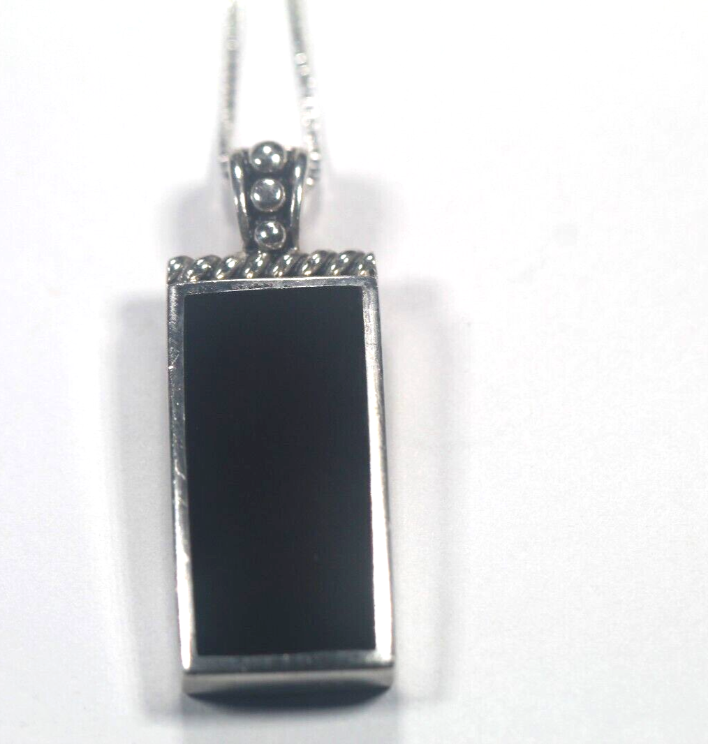 *VINTAGE* Southwestern Sterling Silver Rectangle Onyx & Bead Pendant w/20"Chain