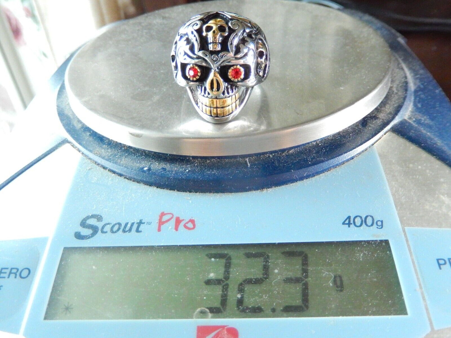 Men's Stainless Steel Skull Ring Gold Skulls and Red Eyes Size 13.5