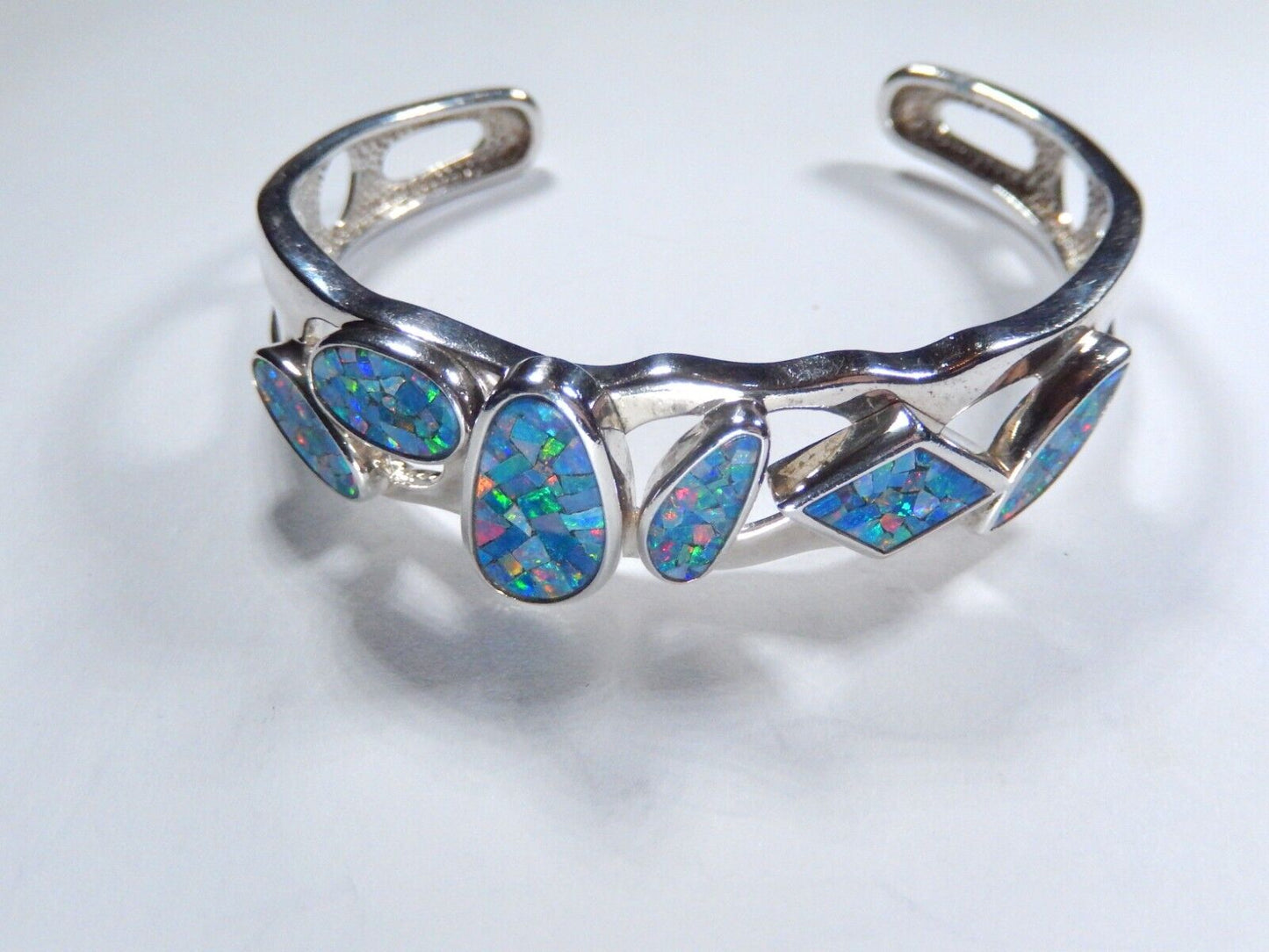 *VINTAGE*   WHITNEY KELLY Inlaid  Fire Opal Mosaic Sterling Silver Cuff Bracelet
