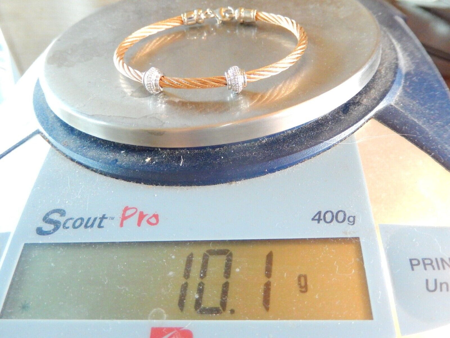 Sterling Silver Rose Gold Tone Stainless Steel Diamond Twist Bead Bracelet  - 7"