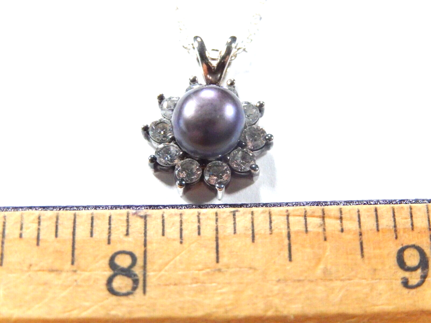 6.75 mm Round Natural Real Tahitian Pearl CZ Halo Pendant & 18" Sterling Chain