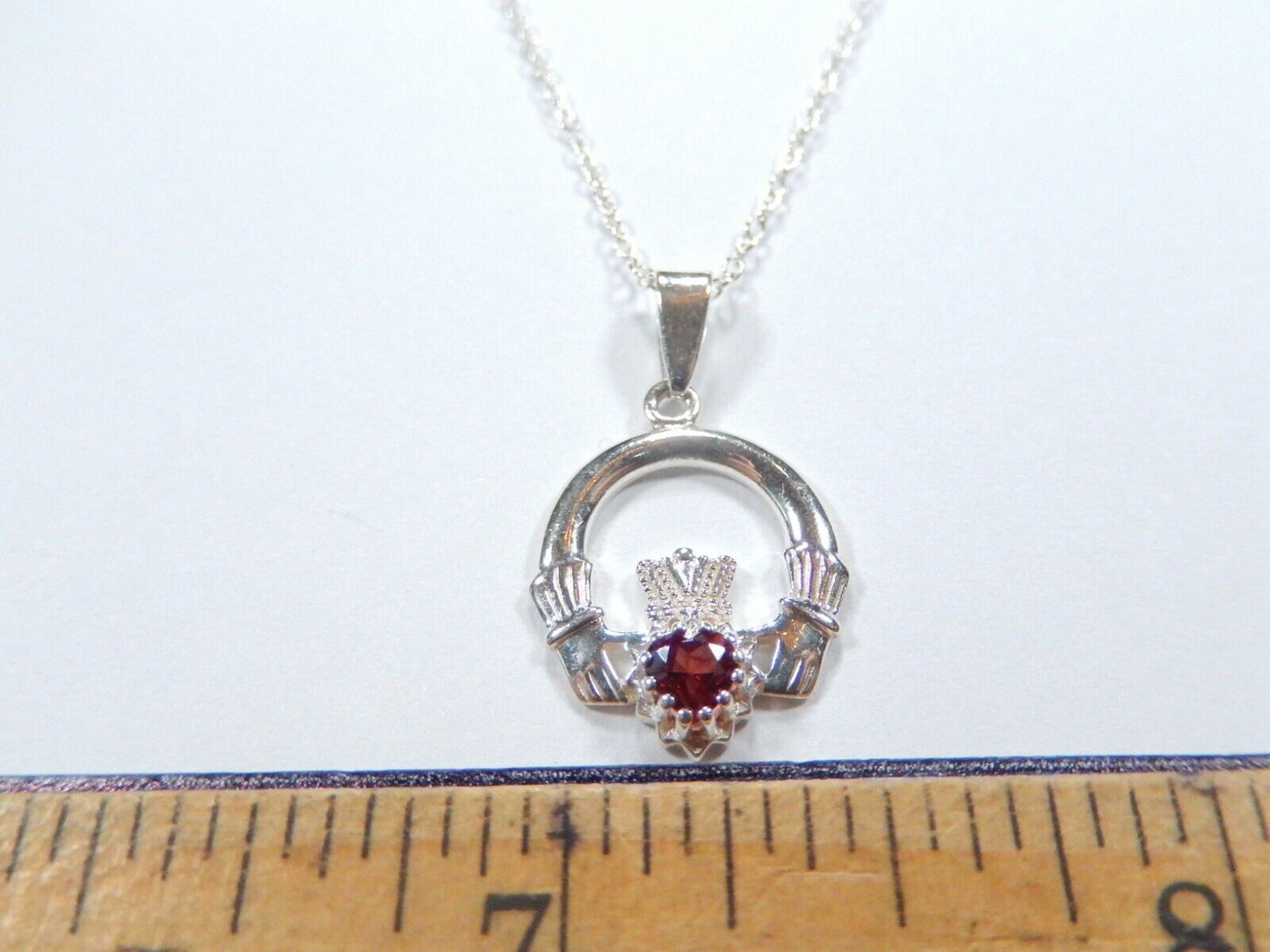 Sterling Silver Irish Claddagh Pendant With Red Garnet w/18" Sterling Chain