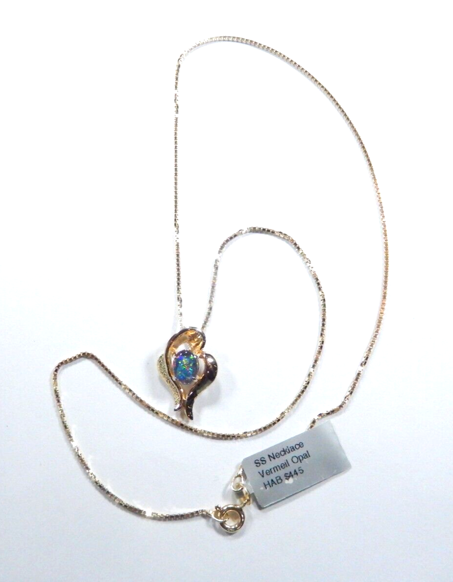 *VINTAGE* Vermeil 925 Gold Simulated Fire Opal  Heart Necklace w/18" Verm. Chain