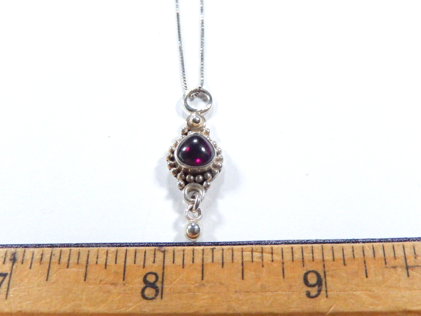BOHO Solid 925 Sterling Silver Beaded Red Garnet Teardrop Pendant w/16" Chain