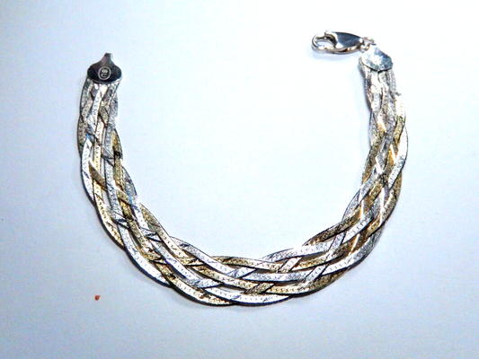 Vintage Two Tone Sterling Silver 6 Strand Braided Herringbone Bracelet 7"
