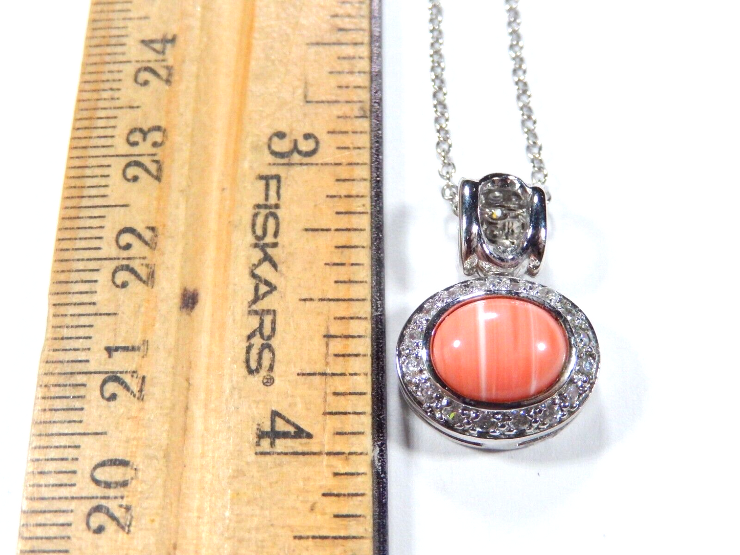 925 Sterling Silver Oval 8x10mm Pink Coral with 23 CZ's Halo Pendant & 18" Chain