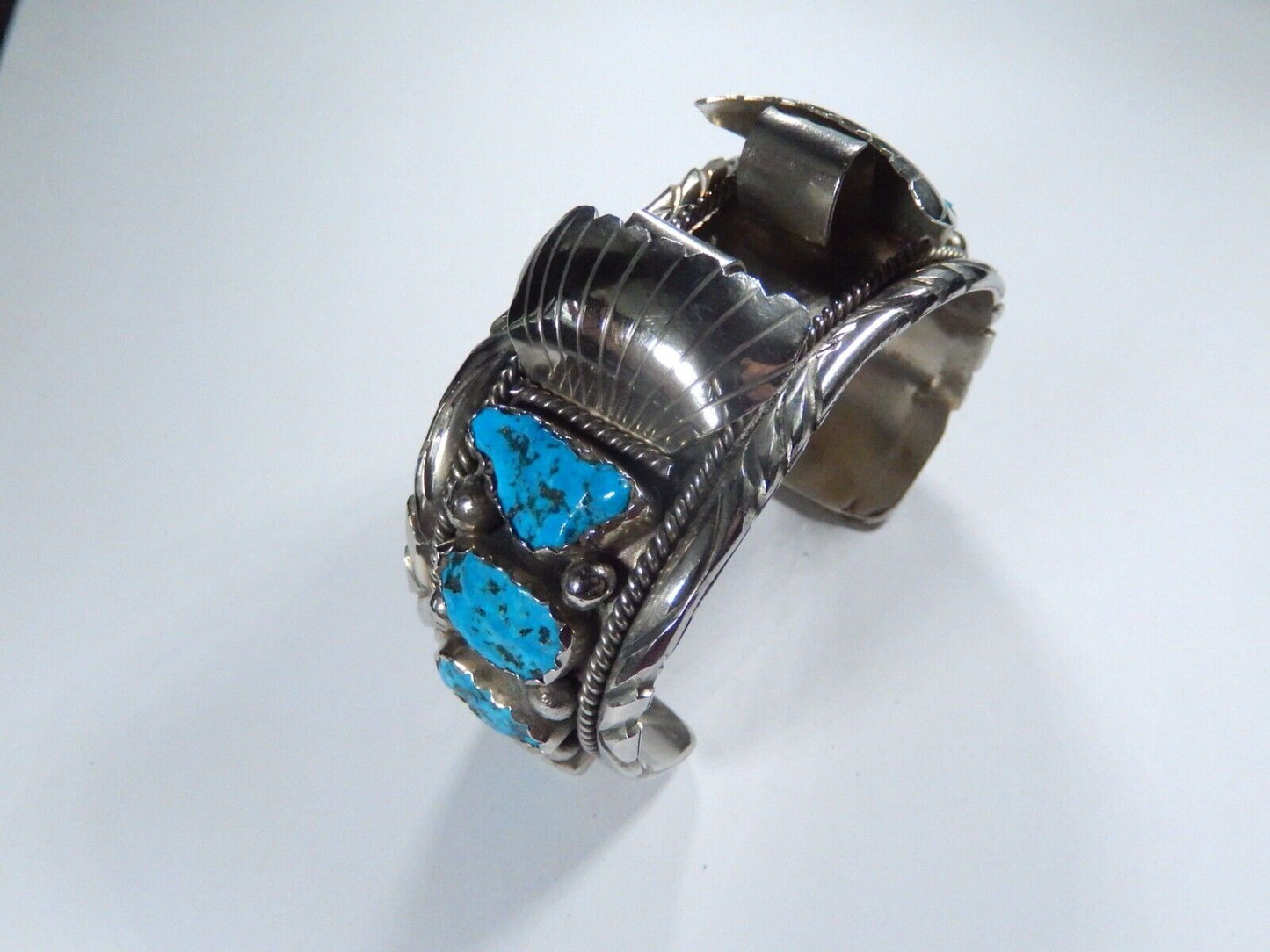 VTG Mens Native American Navajo Sterling Silver Turquoise Watch Cuff Bracelet