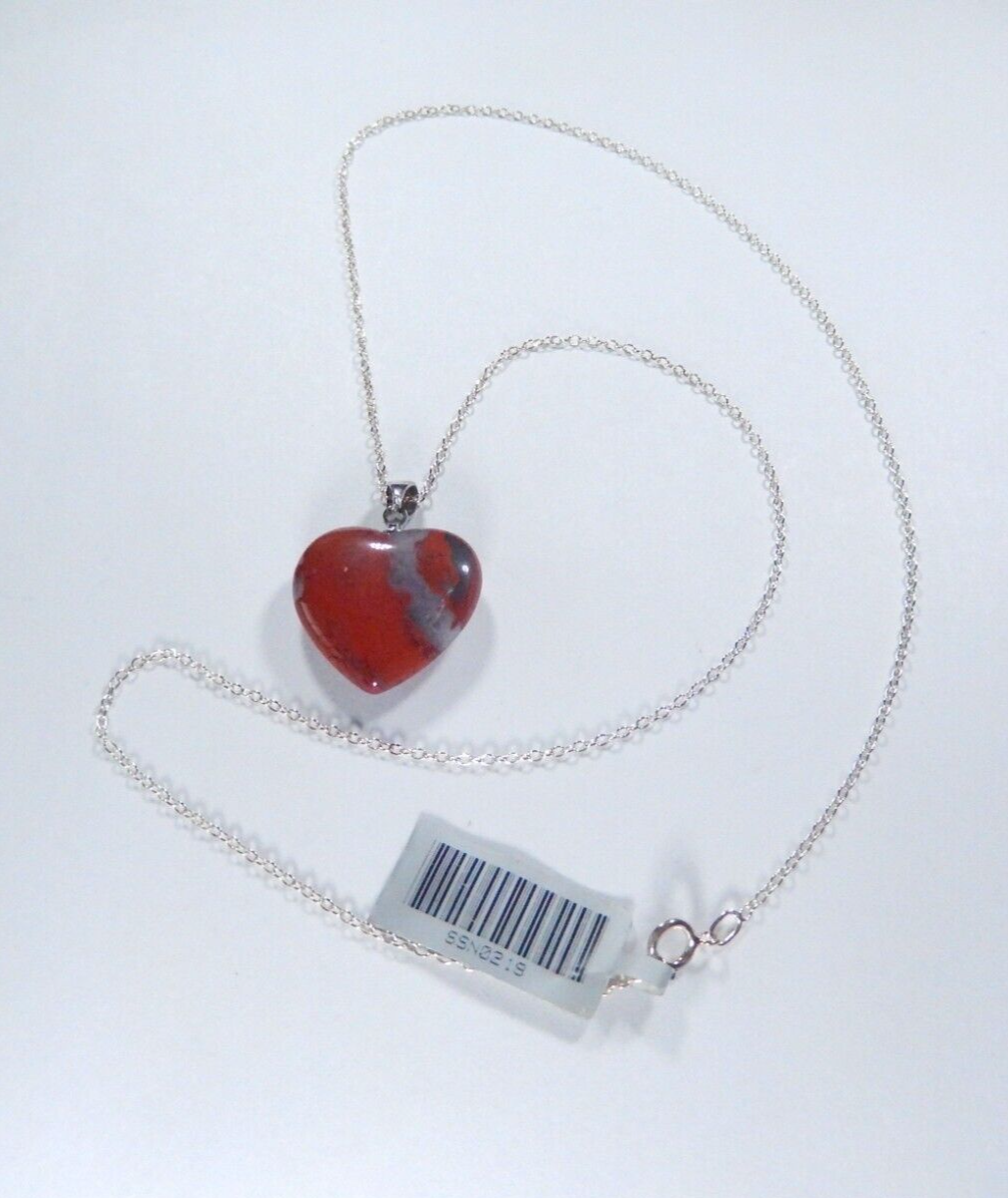 Sterling Silver Natural Red Jasper Heart Shape Gemstone Pendant With 18" Chain