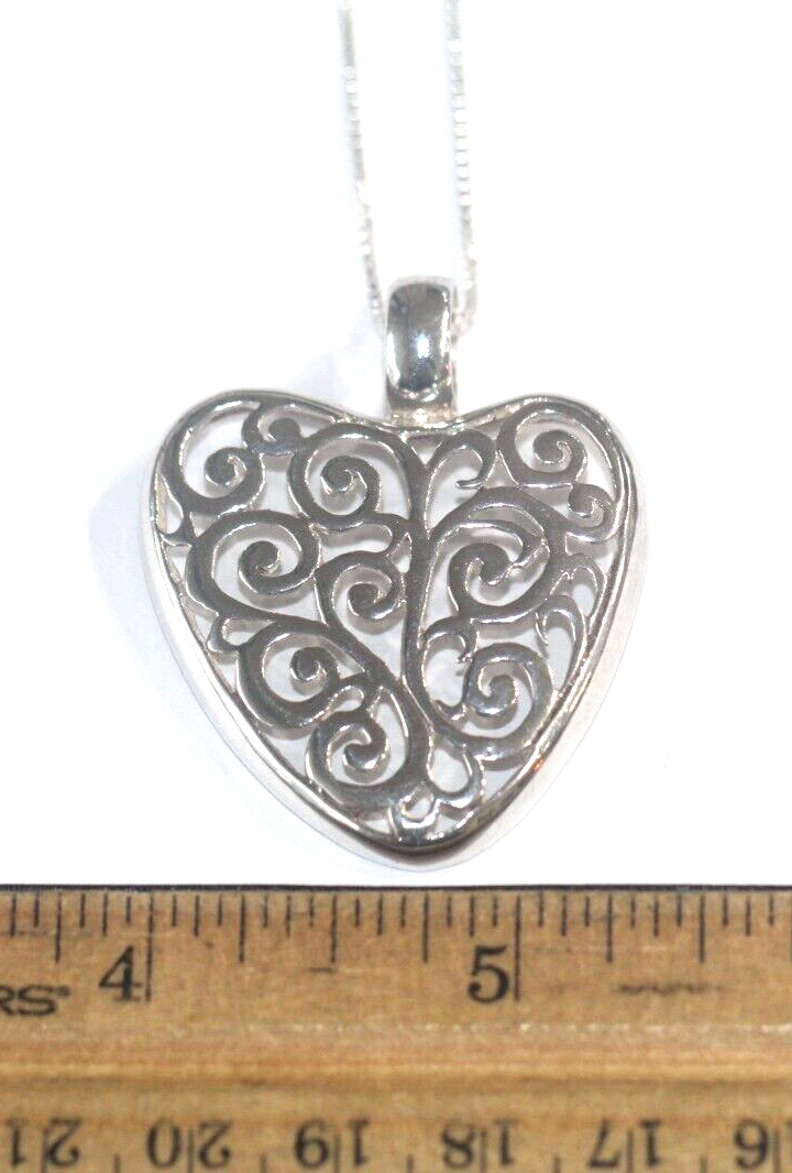 *VINTAGE* LARGE Sterling Silver Scroll Openwork Large Heart Pendant w/18" Chain