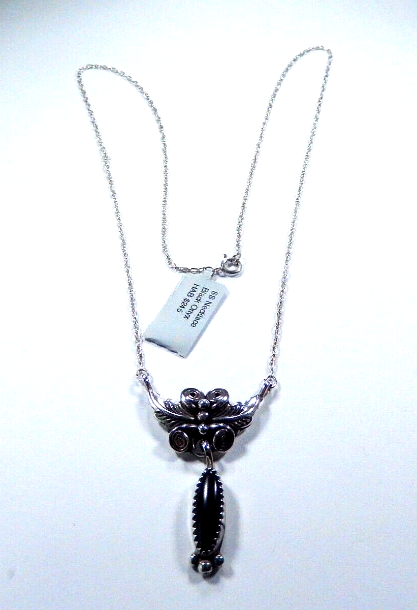 20" Sterling Black Onyx Native American Necklace Signed "RB" ( Running Bear )