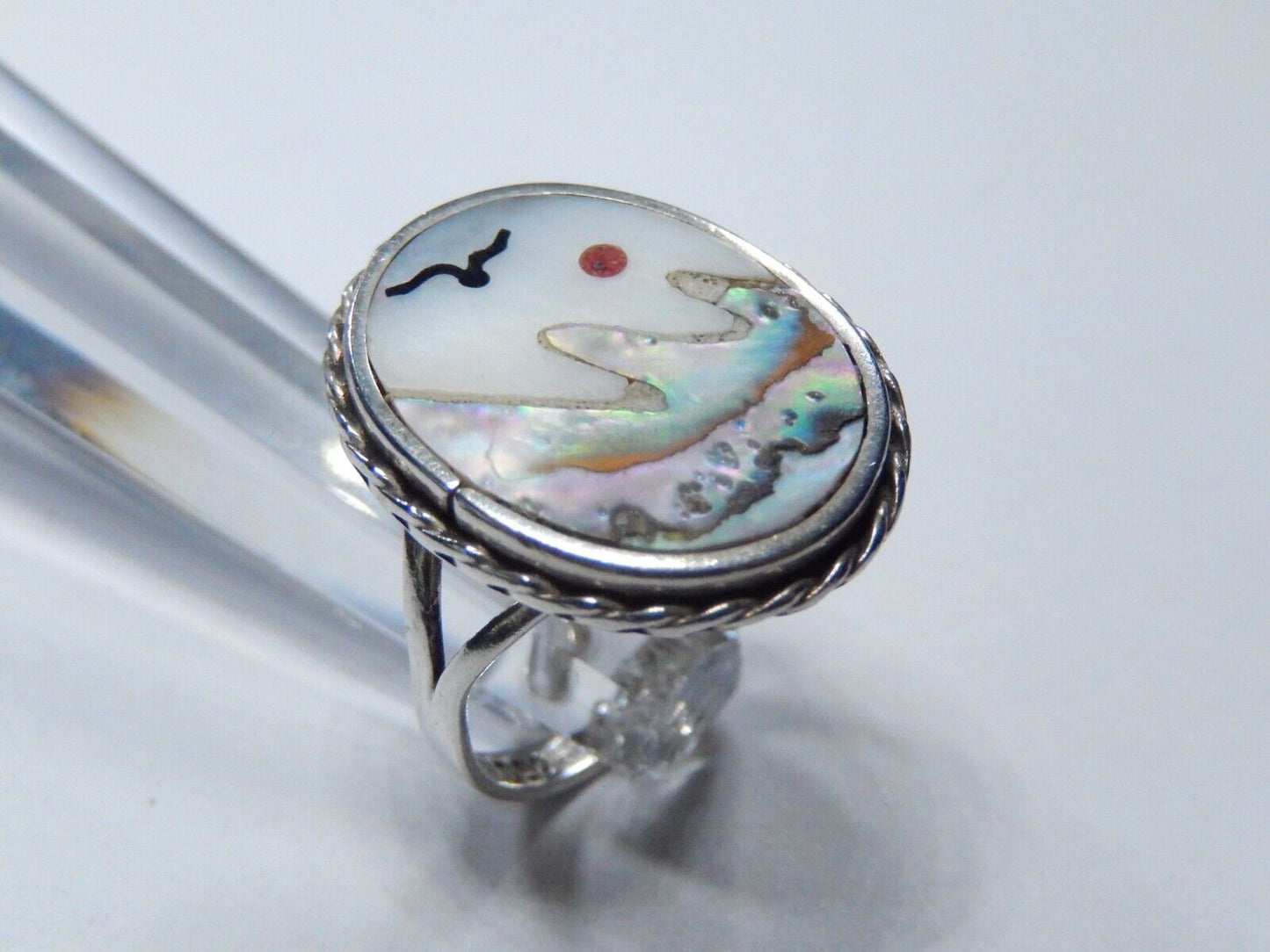 *VINTAGE*  Mexico 925 Sterling Silver Natural Abalone Outdoor Scene Ring Sz 5.5