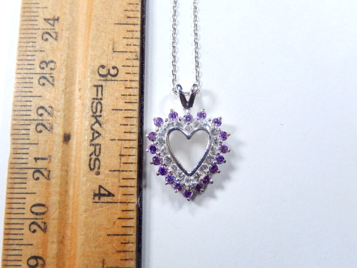 Purple Amethyst and Cubic Zirconia Heart Pendant Necklace Sterling Silver w/18"C